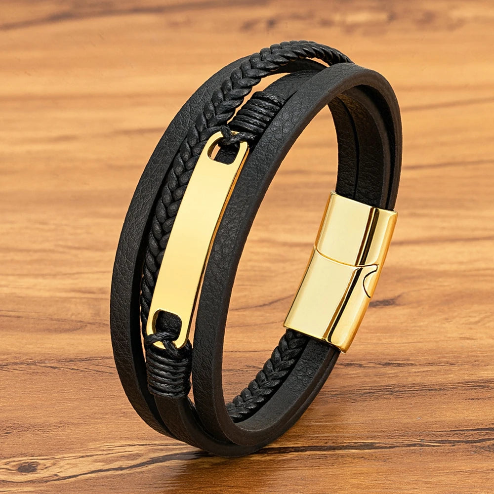 XQNI Multi-layer Braided Leather Wrap Bracelet Men Cool Trend Stainless Steel Casual Buckle Bracelet Jewelry Accessories Gift mon