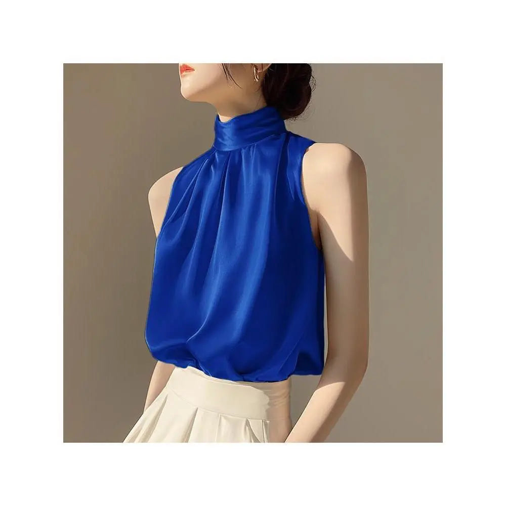 Silkly Satin Sleeveless Crop Top Summer Half Turtleneck Women Pulover Tee Halter Vest Lady Loose Shirts Red party Blouses