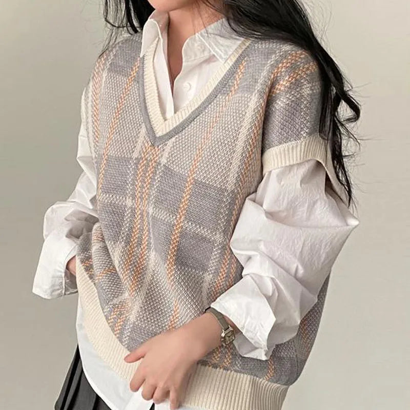 Vintage V-neck Plaid Sweater Vest Women Autumn Winter Vintage Knit Sweaters Pullover Loose Korean Knitwear Tops Pull Femme