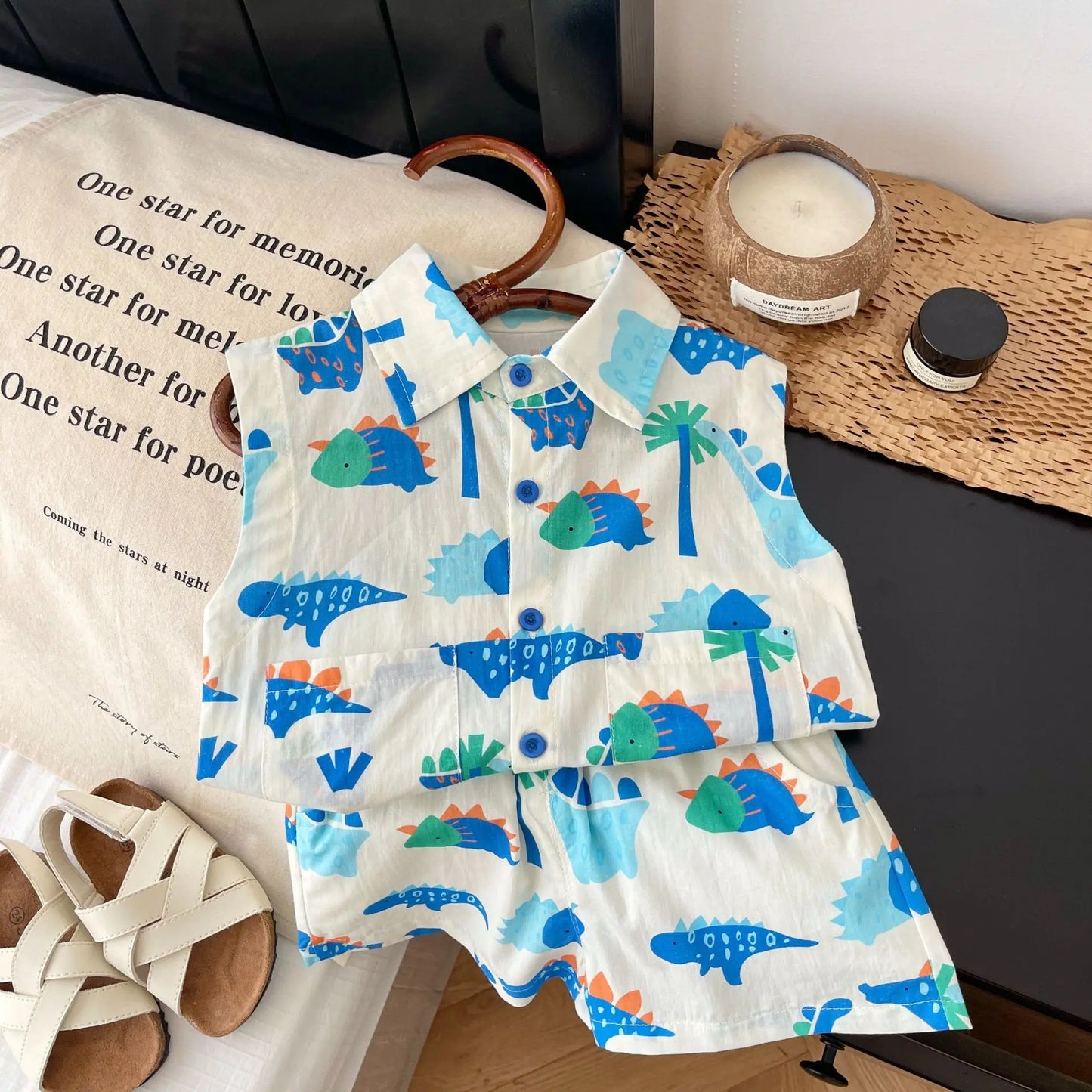 Kids Fashion 2-Piece Summer Beach Clothes Set for Toddler Boys Sleeveless Print Top Shirt+Shorts