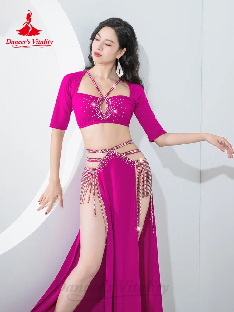 Belly Dancer Costume Set for Women Half Sleeves Top+long Skirt 2pcs Training Suit Adult Female Bellydance Tassel Performance Set