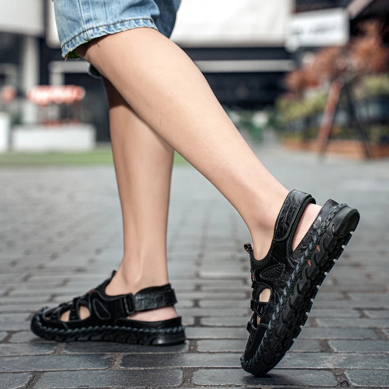 Handmade Summer Sandals Men Breathable Leather Shoes Man Retro Outdoor Men Sandals Antiskid Beach Sandals Hollow Shoes Footwear
