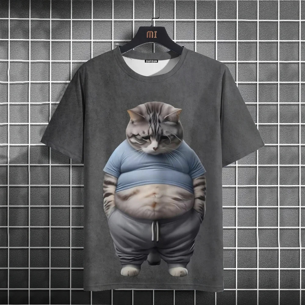 Summer Men's T-Shirt Funny Cat Print Oversized Short Sleeve Man T-Shirt Round Neck Casual Men Women Tee Neutral Clothing