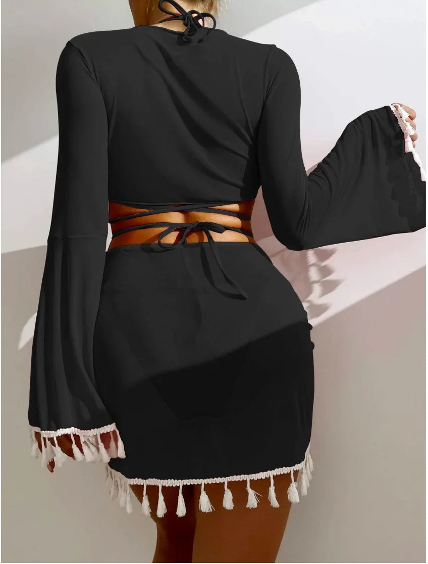 New Conservative Four Piece Solid Color Tassel Hoodie, Mesh Skirt, Bikini Swimsuit for Women