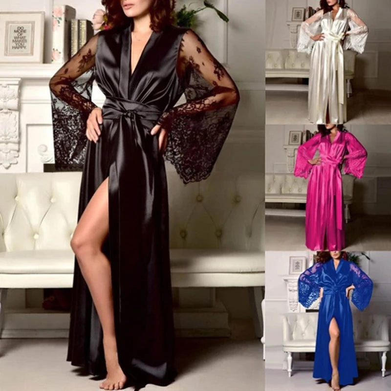 Womens Nightdress Long Lace Lingerie  Nightwear Bath Robe Gown Imitation Ice Silk Nightdress Solid Color Nightgown