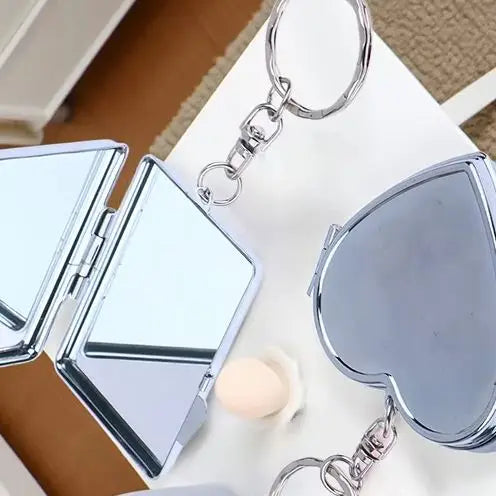 Metal Folding Keychain Makeup Mini Mirror Round Heart Oval Square Shape Double Sided Cosmetic Mirror