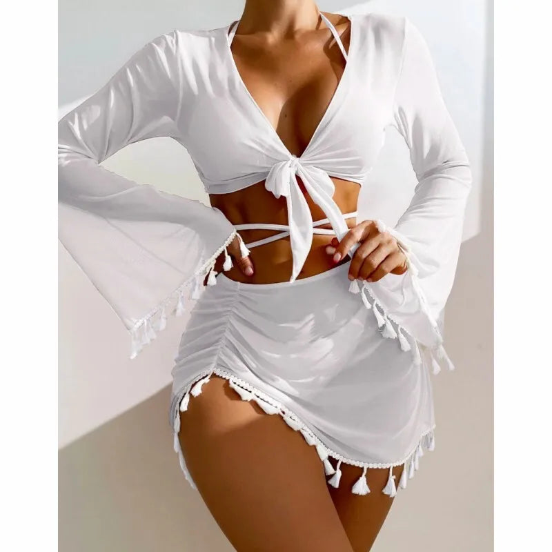 New Conservative Four Piece Solid Color Tassel Hoodie, Mesh Skirt, Bikini Swimsuit for Women
