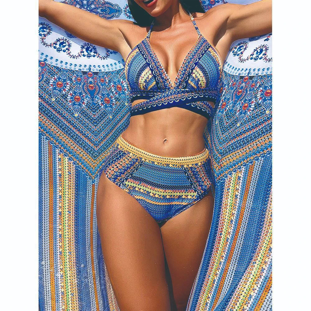 Vintage National Bikini Swimsuit With Mesh Cover Ups Cross Front Halter Bikini 3 Piece Set Blue/Green/Red High Waist Beachwear