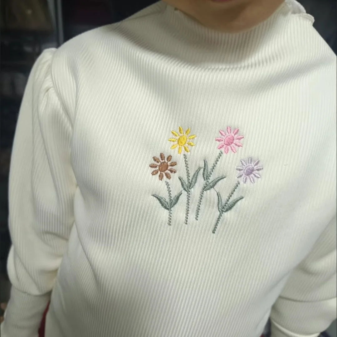Autumn Winter Girls Bottoming Shirt Flower Embroidery Puff Sleeve Kids Baby Warm Thickening T-shirts Children Casual Tops