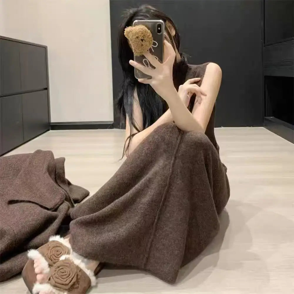 Women Two Pieces Dress Sets Knitted Sweater Matching Suits Sleeveless Long Dress Lengthy Cardigan Casual Y2k Elegant Autumn