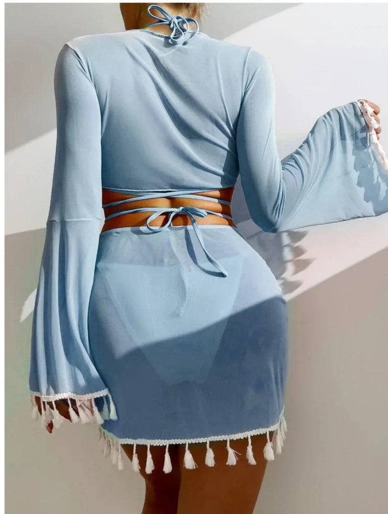 New Conservative Four Piece Solid Color Tassel Hoodie, Mesh Skirt, Bikini Swimsuit for Women