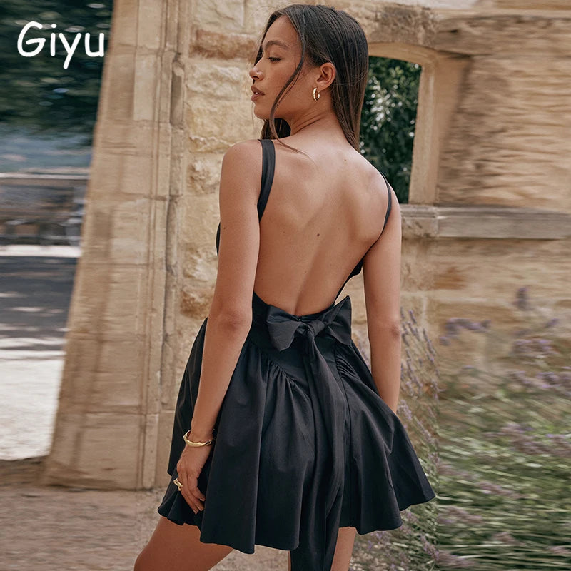 Giyu Club Party Dress Women Summer Elegant Sleevless Backless Bow Mini Short Dresses Pleated Prom Holiday Robe Femme