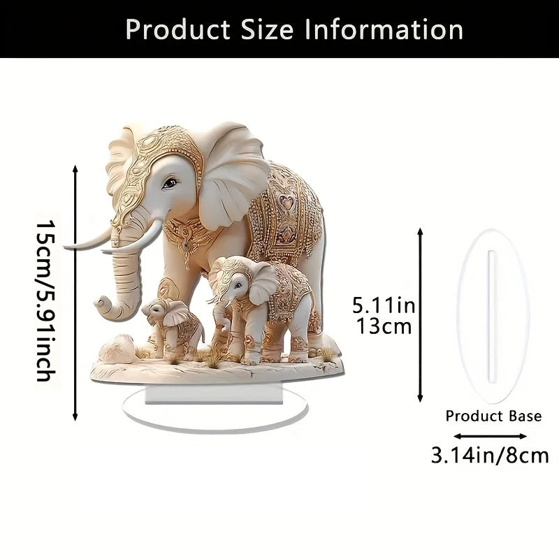 1PC White Elephant Family 2D Flat Acrylic Figurine Home Office Cafe Room Studio Display Case Table Ornament Desktop Decor Kit