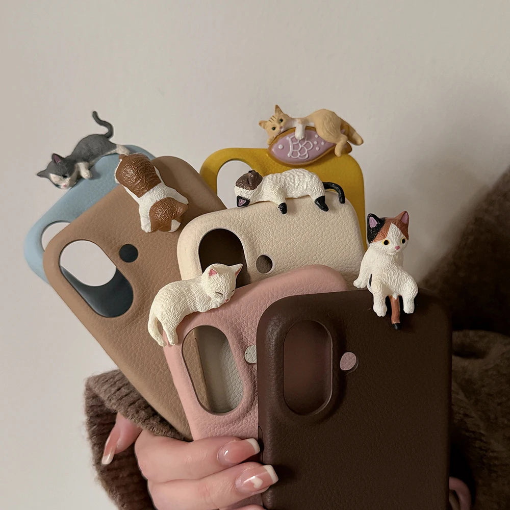 Korean Cute 3D Cat Phone Case For iPhone 16 15 14 13 11 12 Pro Max Plus X XR Lovely Kitten Soft Leather Silicone Cover Funda unique