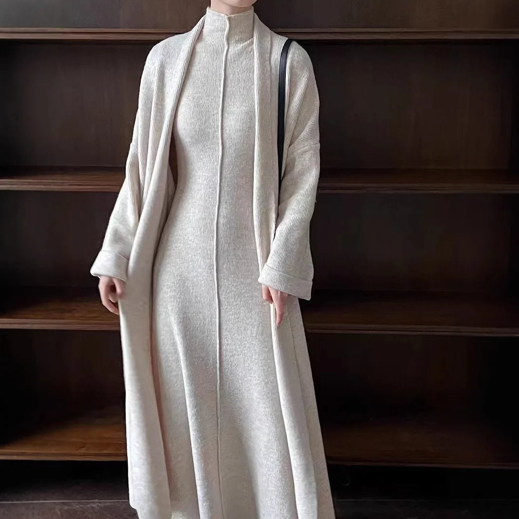 Women Two Pieces Dress Sets Knitted Sweater Matching Suits Sleeveless Long Dress Lengthy Cardigan Casual Y2k Elegant Autumn