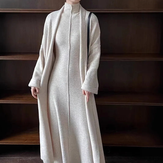 Women Two Pieces Dress Sets Knitted Sweater Matching Suits Sleeveless Long Dress Lengthy Cardigan Casual Y2k Elegant Autumn
