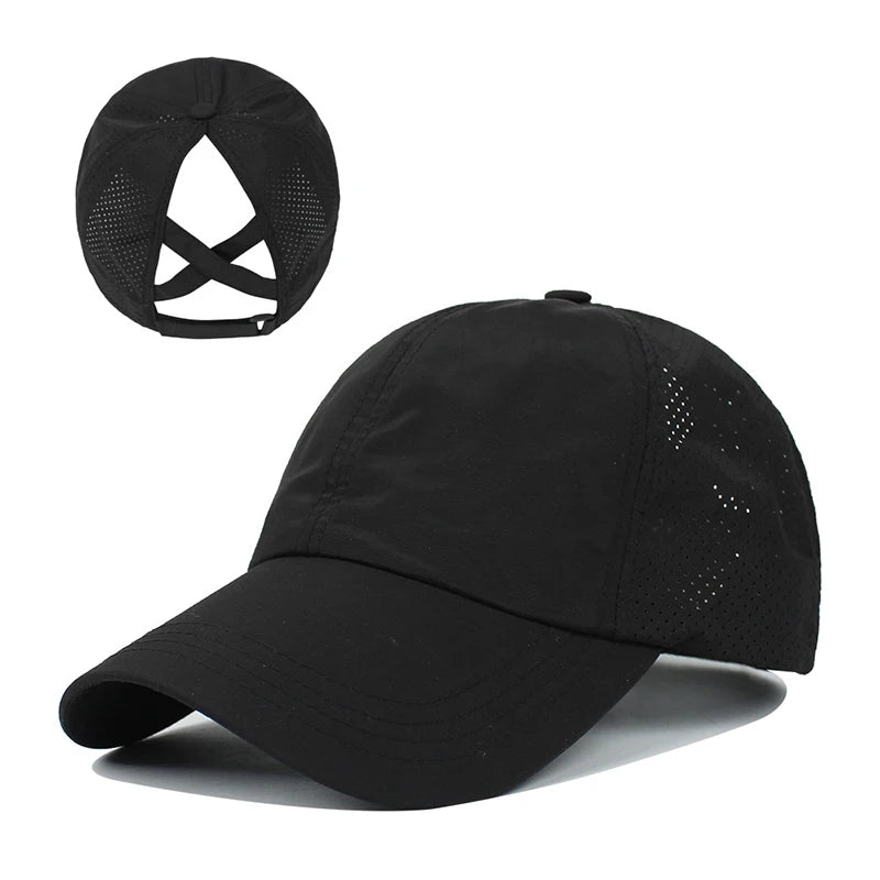 Summer Solid Color Baseball Caps Golf Wear Women Sport Leisure Cross Ponytail Hat Mesh Quick-Drying Half-Hollow