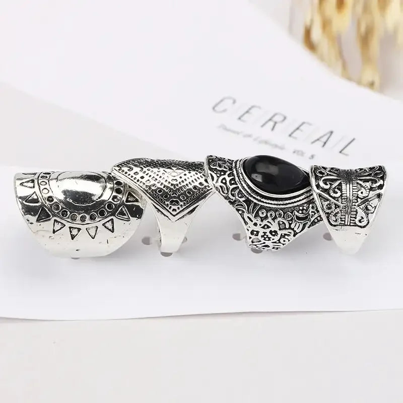 4Pcs/Set Fashion Vintage Silver Plated Gypsy Boho Ethnic Ring Hollow Carved Rhinestone Midi Knuckle Rings Women Jewelry