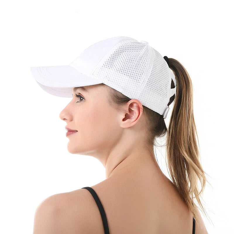 Summer Solid Color Baseball Caps Golf Wear Women Sport Leisure Cross Ponytail Hat Mesh Quick-Drying Half-Hollow
