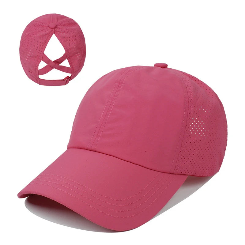 Summer Solid Color Baseball Caps Golf Wear Women Sport Leisure Cross Ponytail Hat Mesh Quick-Drying Half-Hollow