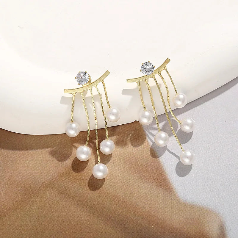 925 Silver Needle Korean Fashion Pearl Tassel Earrings For Women Jewelry Trending New Luxury Women's Zircon Pearl Earrings