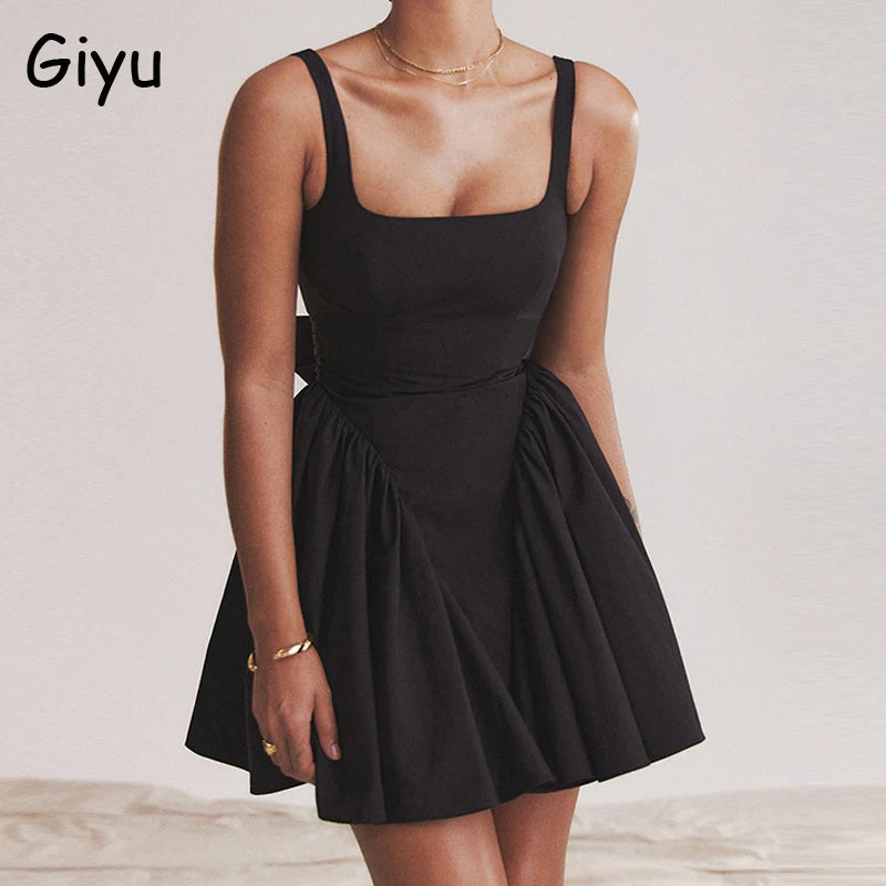 Giyu Club Party Dress Women Summer Elegant Sleevless Backless Bow Mini Short Dresses Pleated Prom Holiday Robe Femme