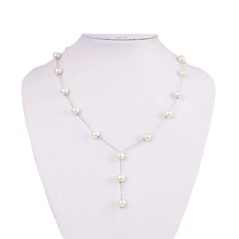 4pcs Gold-color Necklace Earring Bracelet Set Ladies Elegant Imitation-Pearls Collection Temperament Tassel Jewelry