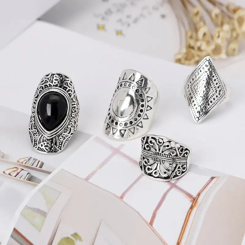 4Pcs/Set Fashion Vintage Silver Plated Gypsy Boho Ethnic Ring Hollow Carved Rhinestone Midi Knuckle Rings Women Jewelry
