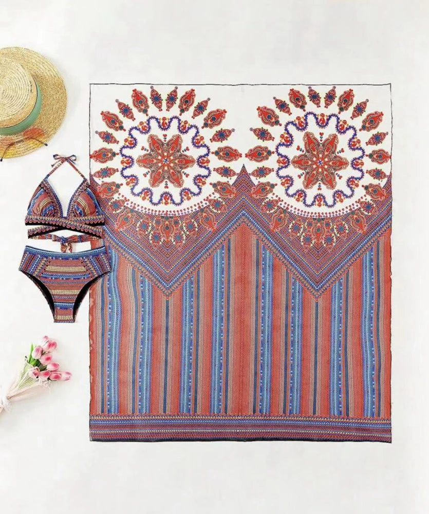 Vintage National Bikini Swimsuit With Mesh Cover Ups Cross Front Halter Bikini 3 Piece Set Blue/Green/Red High Waist Beachwear