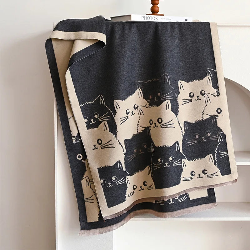 New Fashion Cute Cat Ladies' Jacquard Pashmina Cashmere Scarf Winter Thick Warmth Shawl Coldproof Windproof Blanket Scarf