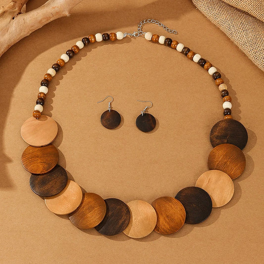1set Vintage Wood Necklace African Wedding Party Dress Wooden Beads Necklace Earring Jewelry Sets For Women Party Gifts
