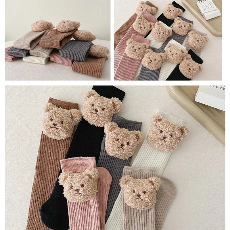 Bear Doll Children Long Tube Socks Winter Autumn Warm Kids Knee High Sock Cotton Girl Sokken Soild Color Stockings 2-8Y