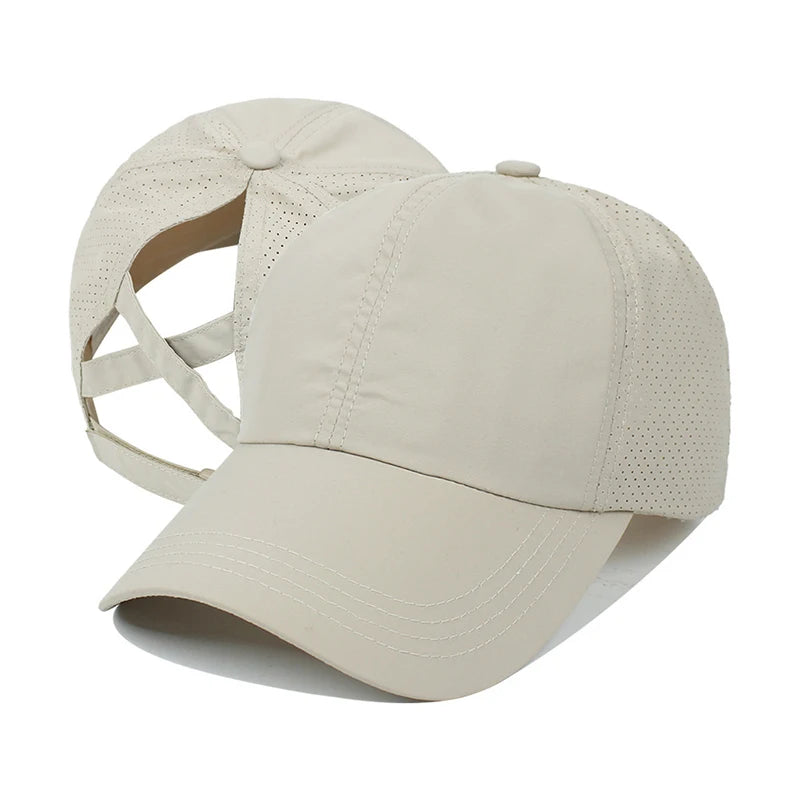 Summer Solid Color Baseball Caps Golf Wear Women Sport Leisure Cross Ponytail Hat Mesh Quick-Drying Half-Hollow