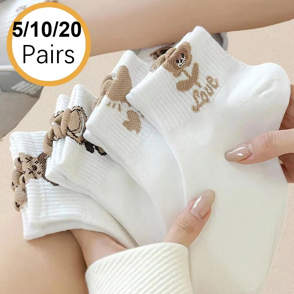 5/10/20 Pairs Women Cartoon Teddy Bear Patterned Ankle Socks Versatile Fashionable Creative Breathable Comfortable Casual Socks cloths