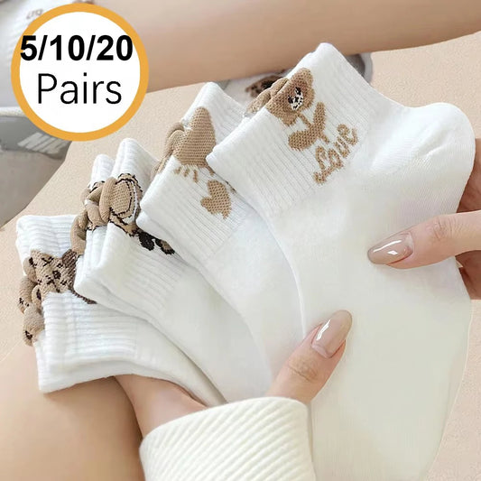 5/10/20 Pairs Women Cartoon Teddy Bear Patterned Ankle Socks Versatile Fashionable Creative Breathable Comfortable Casual Socks cloths