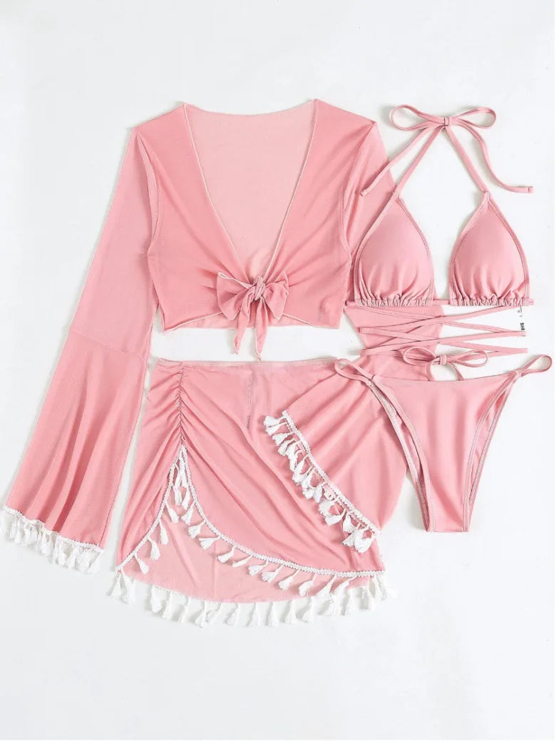 New Conservative Four Piece Solid Color Tassel Hoodie, Mesh Skirt, Bikini Swimsuit for Women