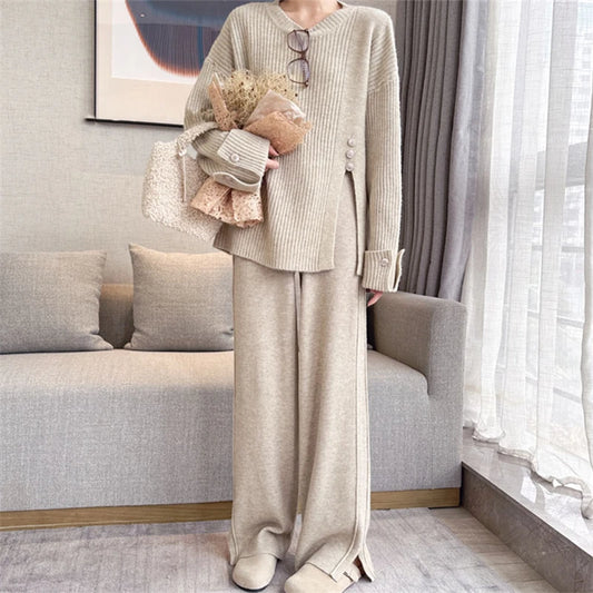 REALEFT Autumn Winter 2 Pieces Women's Sets Knitted Tracksuit Button O-Neck Split Sweater and Straight Jogging Pants Suit