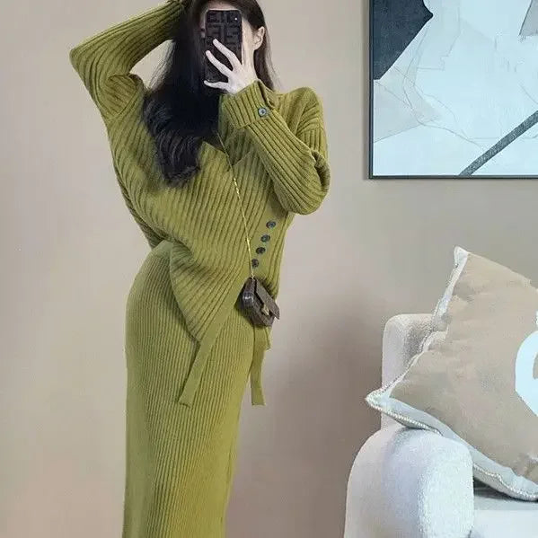 Knitted Sweater Two Piece Set Women's Autumn and Winter Thickened Comfortable Pullover Loose Sweater Tops and Knitted Dress Set