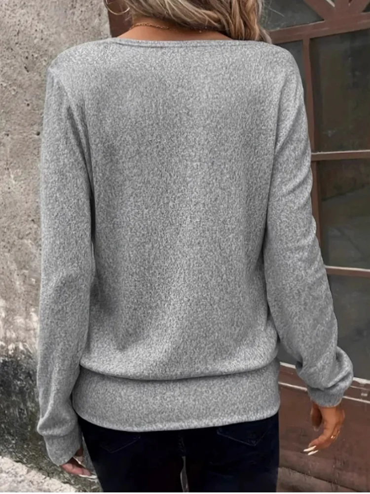 Casual Loose Long Sleeved Solid Color Square Neck Women's T-shirt Daily Office Elegant Commuting Style Autumn Top