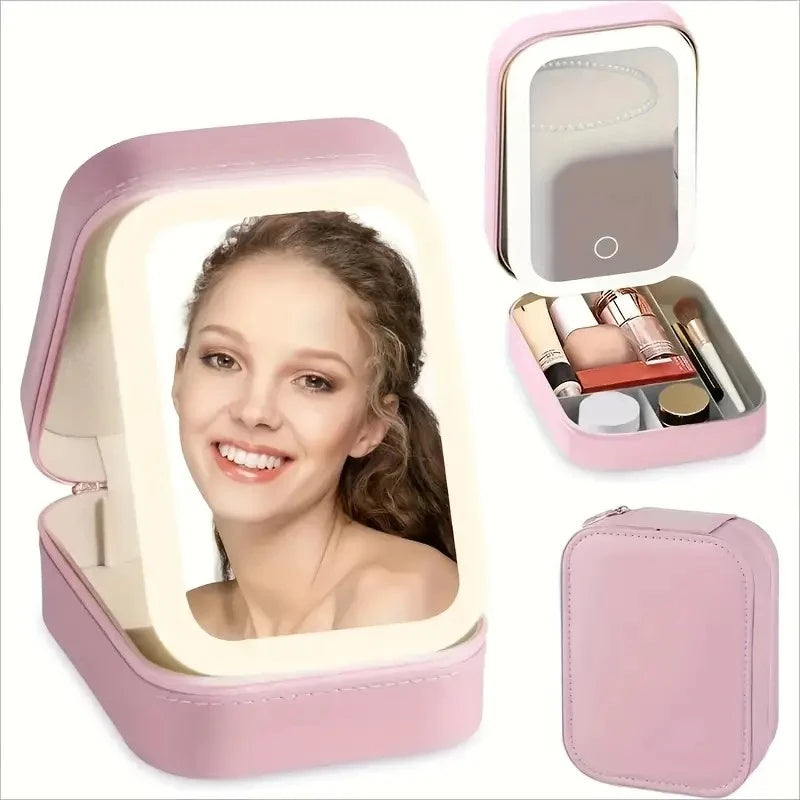 Pink LED Makeup Mirror with Jewelry Storage, 10X Magnification, Touch Control, USB Rechargeable, Compact Foldable Design
