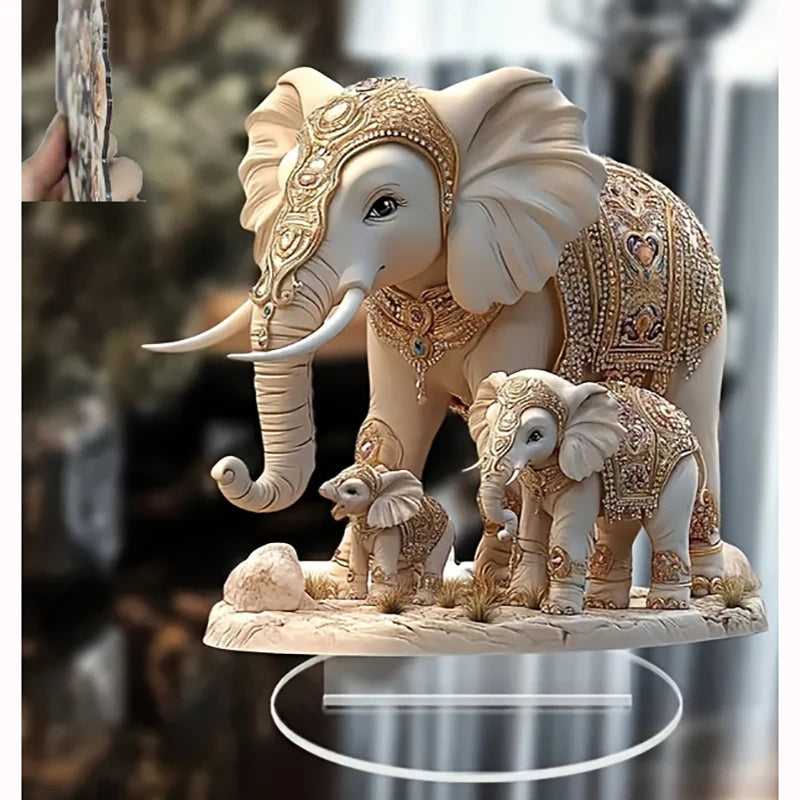 1PC White Elephant Family 2D Flat Acrylic Figurine Home Office Cafe Room Studio Display Case Table Ornament Desktop Decor Kit