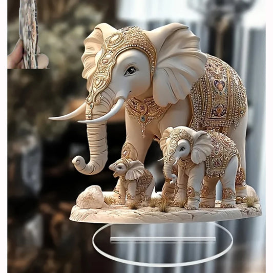 1PC White Elephant Family 2D Flat Acrylic Figurine Home Office Cafe Room Studio Display Case Table Ornament Desktop Decor Kit
