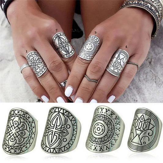 4Pcs/set Unique Carving Tibetan New Plated Bohemia Ring Set For Woman Punk Boho Ring Sets Vintage Jewelry