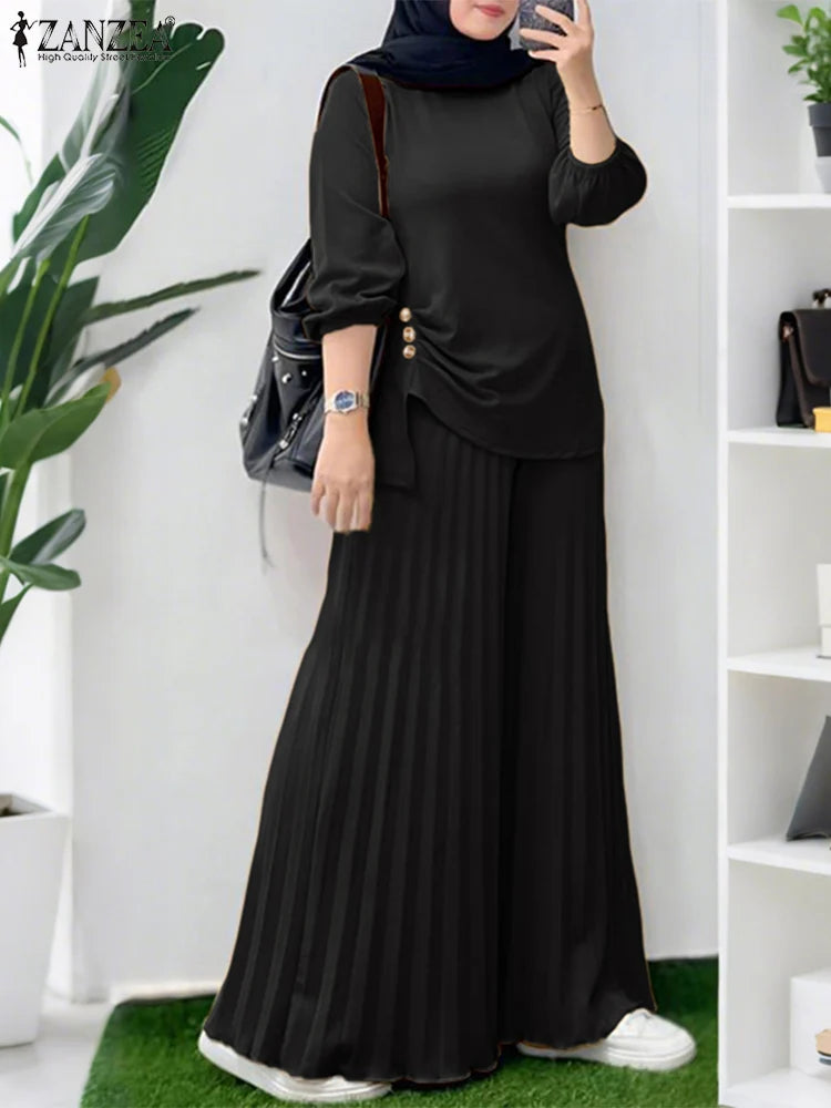 Autumn Matching Sets ZANZEA Outfits Casual Long Sleeve Tops Trousers Suit Solid Loose Tracksuit 2 Pieces Sets