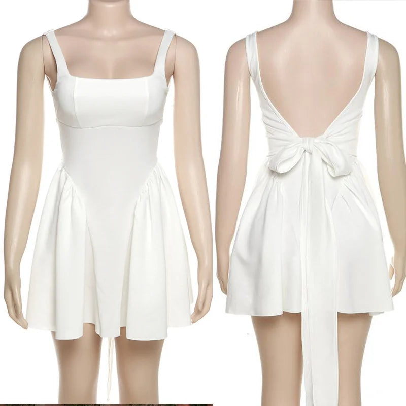 Giyu Club Party Dress Women Summer Elegant Sleevless Backless Bow Mini Short Dresses Pleated Prom Holiday Robe Femme