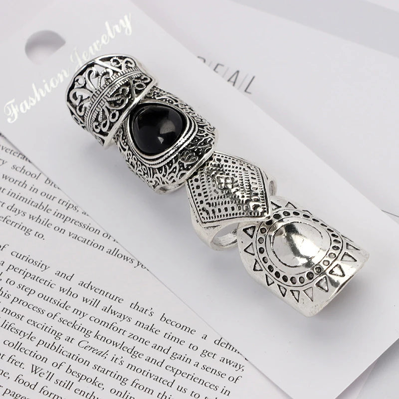 4Pcs/Set Fashion Vintage Silver Plated Gypsy Boho Ethnic Ring Hollow Carved Rhinestone Midi Knuckle Rings Women Jewelry