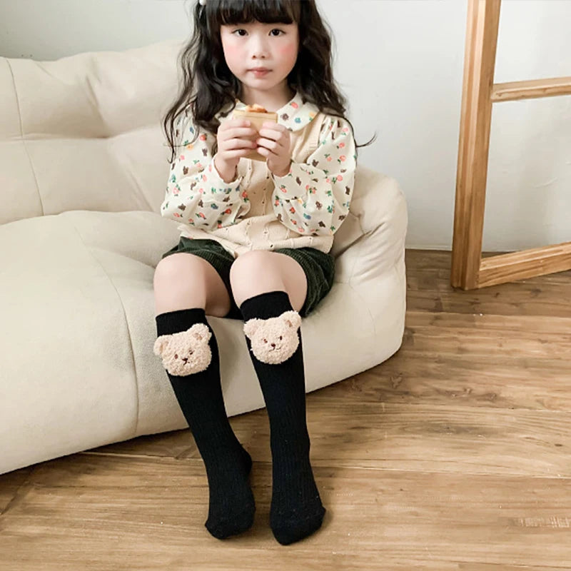 Bear Doll Children Long Tube Socks Winter Autumn Warm Kids Knee High Sock Cotton Girl Sokken Soild Color Stockings 2-8Y