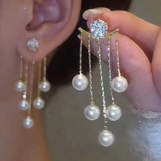 925 Silver Needle Korean Fashion Pearl Tassel Earrings For Women Jewelry Trending New Luxury Women's Zircon Pearl Earrings
