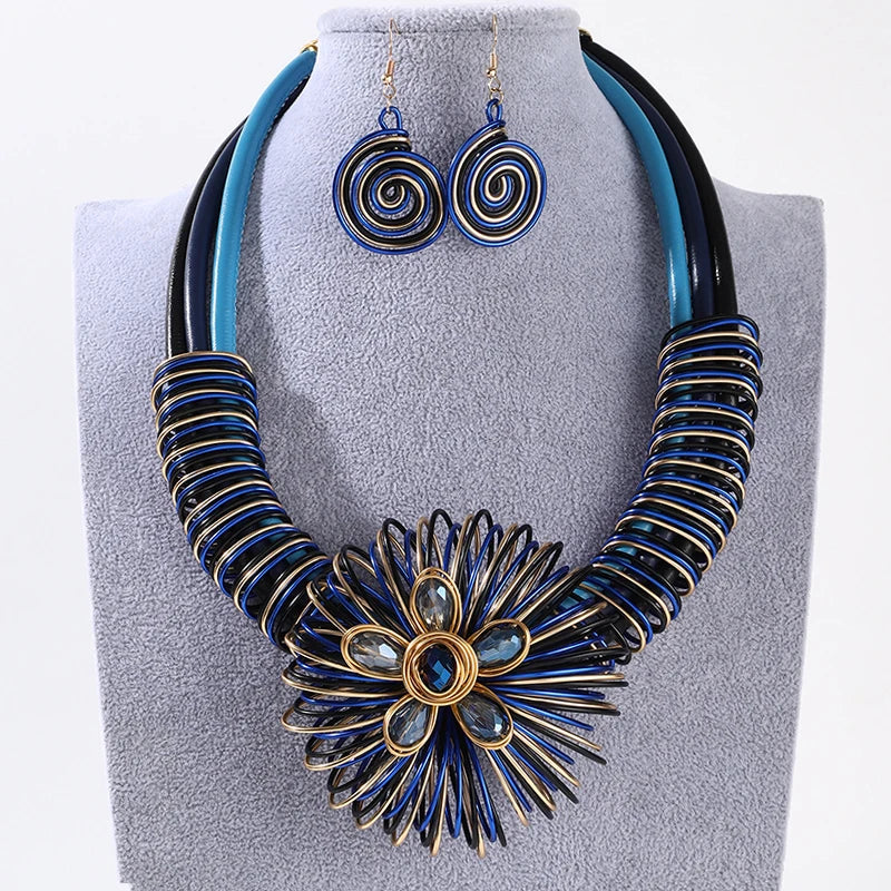 Flower African Women Necklace Earrings Jewelry Sets For Wedding Party Dress