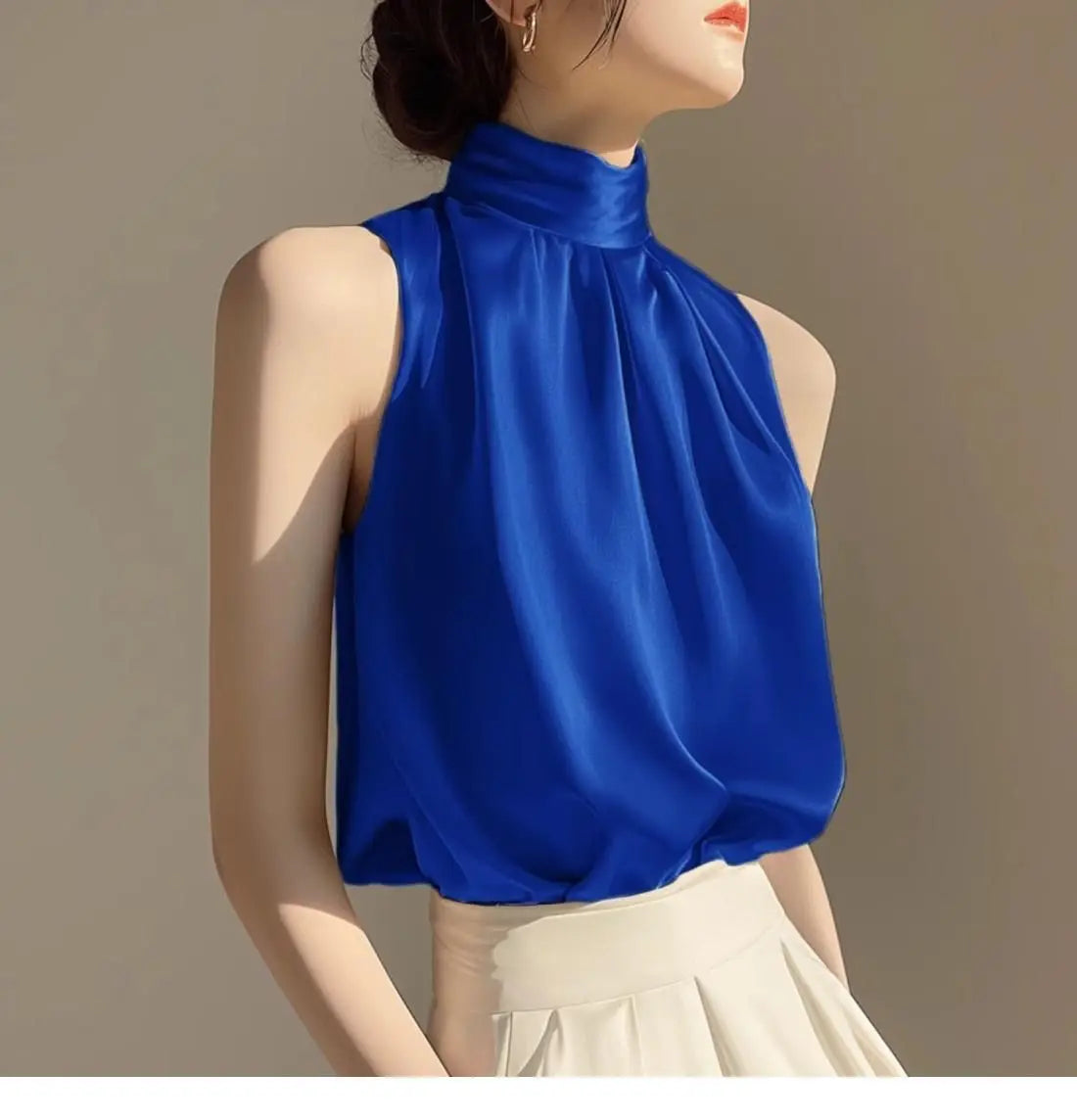 Silkly Satin Sleeveless Crop Top Summer Half Turtleneck Women Pulover Tee Halter Vest Lady Loose Shirts Red party Blouses